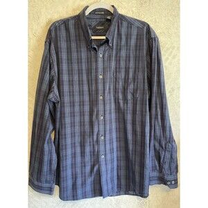 Van Heusen Shirt Men XL 17-17.5 Navy Blue Plaid Button LONG SLEEVE